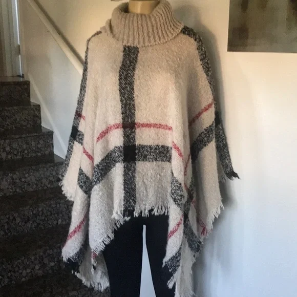 HAYLEY' PLAID TURTLENECK CAPE SWEATER - Picture 3 of 6